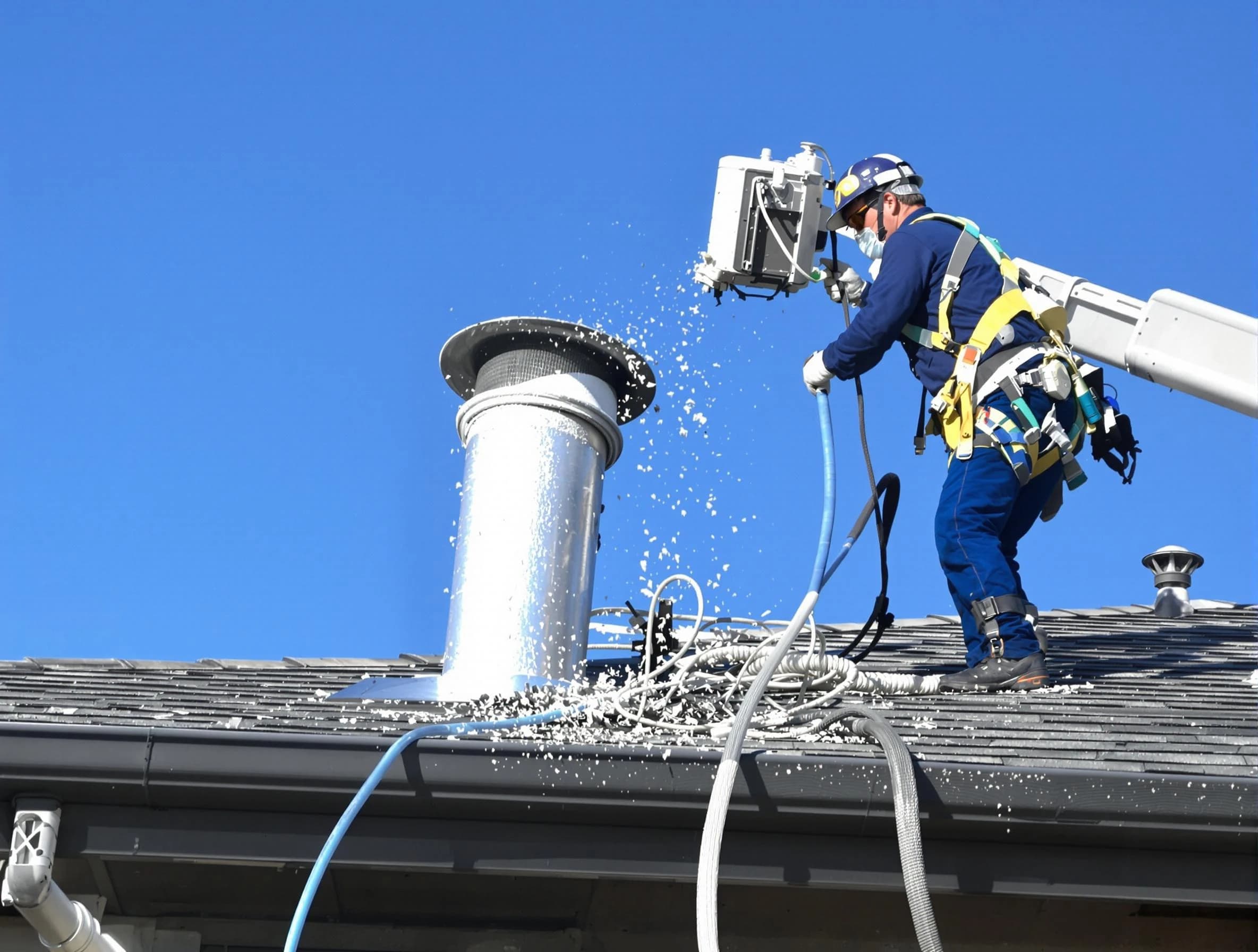 West Mifflin Dryer Vent Cleaning certified technician safely cleaning a roof-mounted dryer vent in West Mifflin