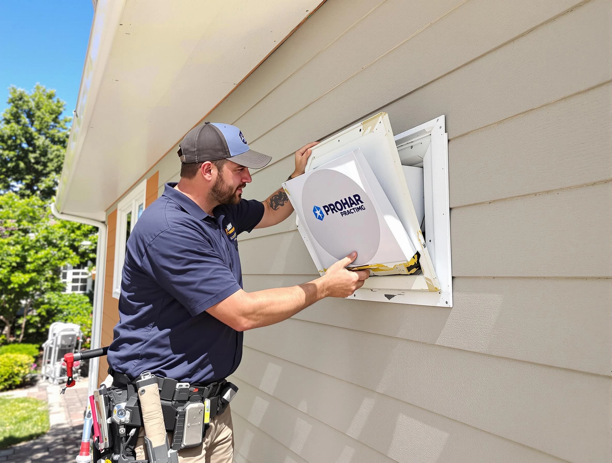 West Mifflin Dryer Vent Cleaning technician installing a new protective dryer vent cover on a home in West Mifflin